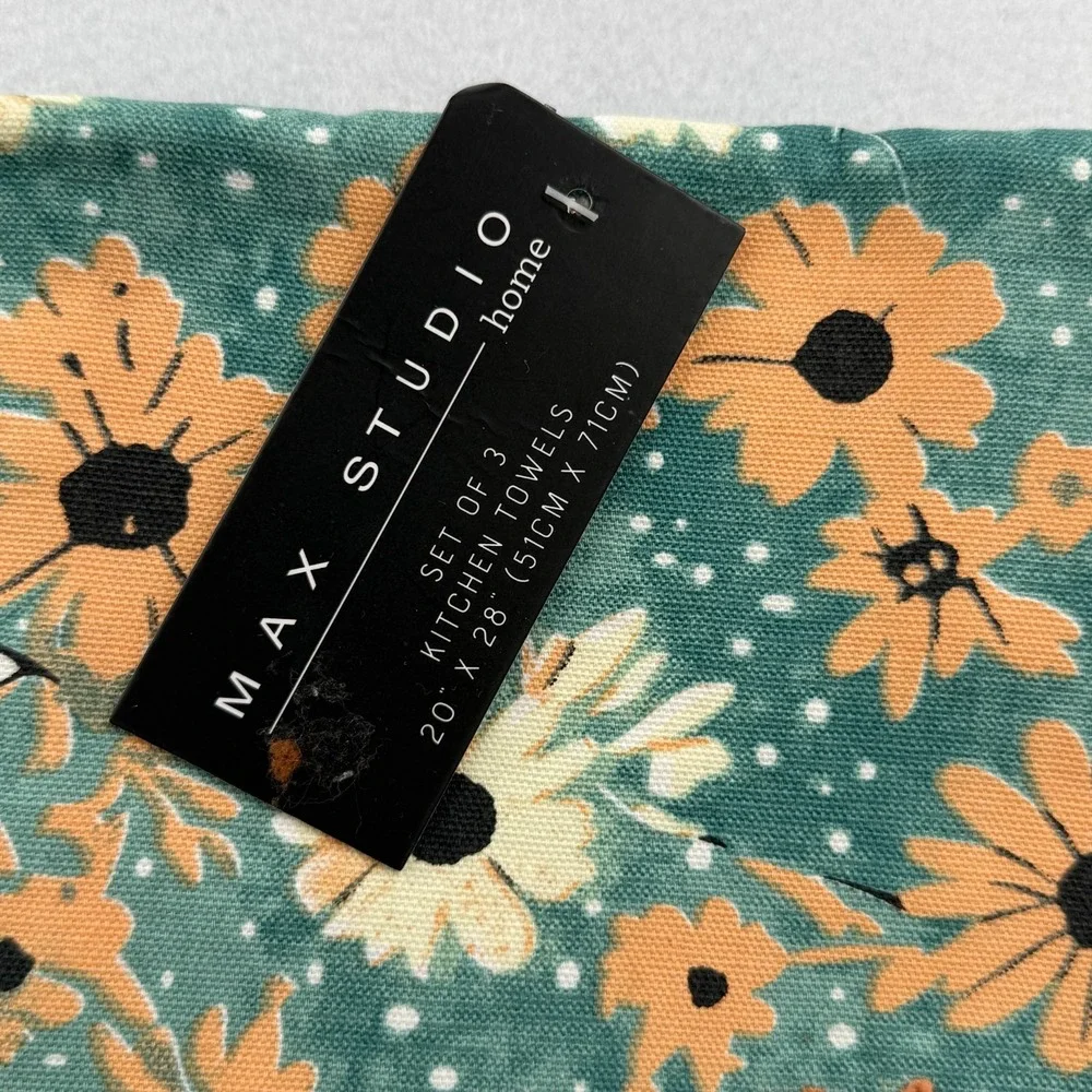 Max Studio Home Kitchen Towels Set of 3 Teal Orange Floral Daisy Embroidered